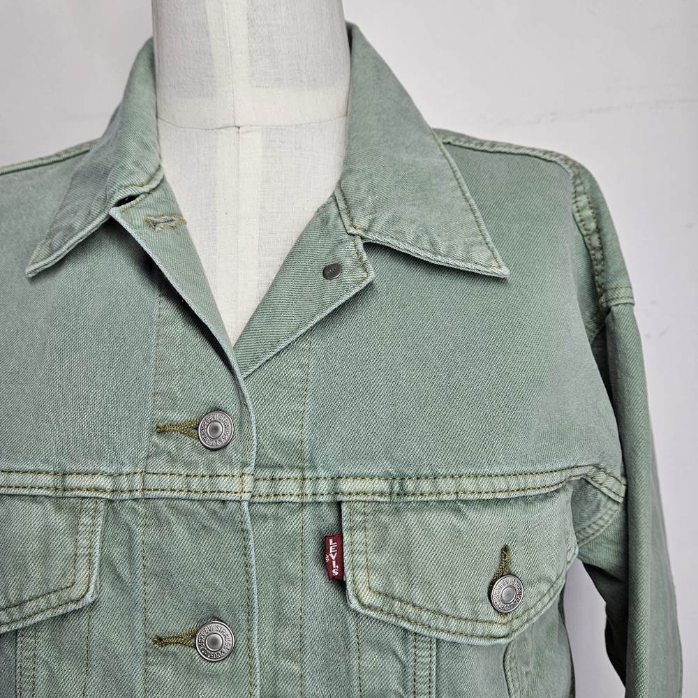 Levi's Size S/M Jean Jacket Ex-Boyfriend Trucker Sage Green Premium Denim Cotton - Picture 6 of 10